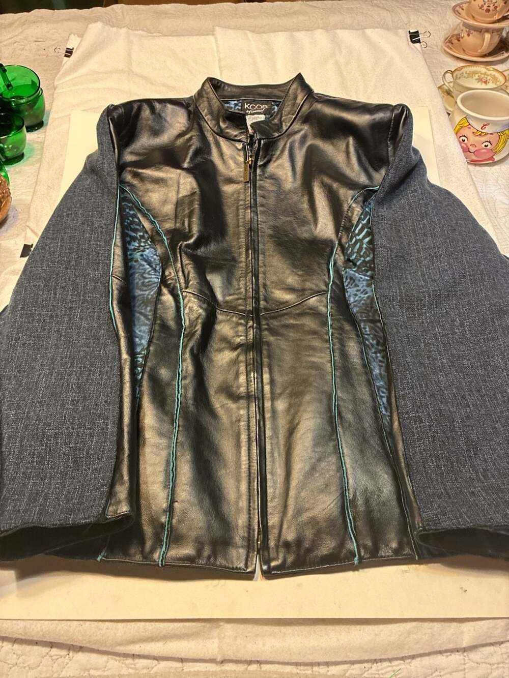 Koos of course! Mixed Media Leather and Tweed Jacket with Blue Leopard Trim